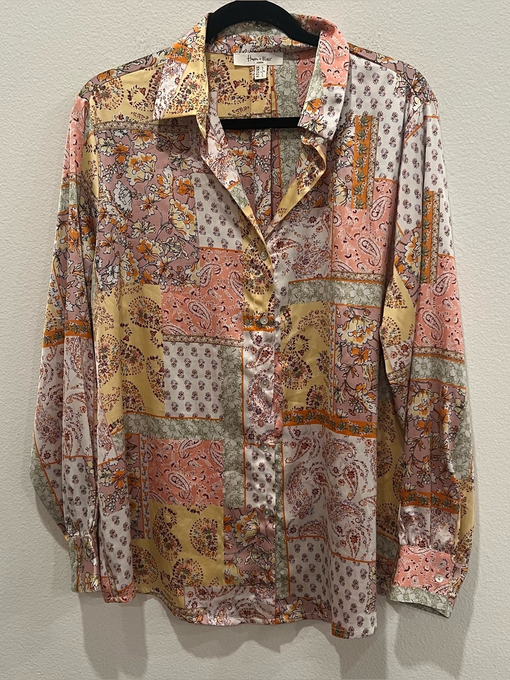 Haver & Blair Floral Print Silk-like Shirt patchwork large whimsical career